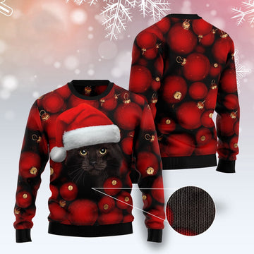 FUNSTUFFPRINT Black Cat Christmas Ugly Christmas Sweater, Christmas Cat Ugly Sweater, Ugly Cat Xmas Sweater Ugly Sweater