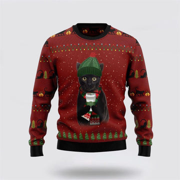 FUNSTUFFPRINT Black Cat Coffee Ugly Christmas Sweater – Cat Lover Christmas Sweater Ugly Sweater