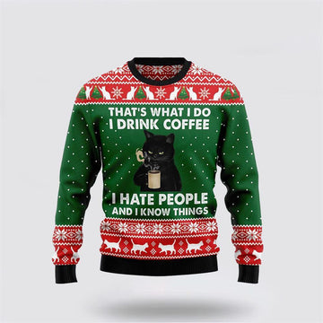 FUNSTUFFPRINT Black Cat Drink Coffee I Hate People Ugly Sweater - Cat Lover Christmas Sweater Ugly Sweater