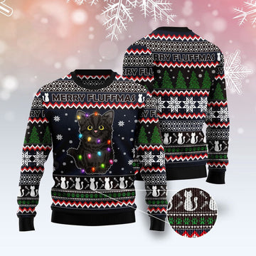 FUNSTUFFPRINT Black Cat Fluffmas Ugly Christmas Sweater, Christmas Cat Ugly Sweater, Ugly Cat Xmas Sweater Ugly Sweater