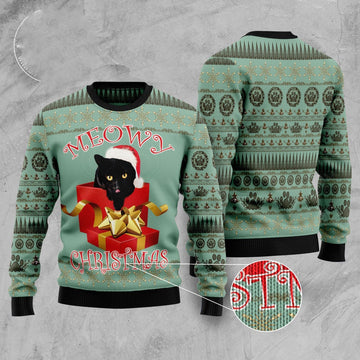 FUNSTUFFPRINT Black Cat Gift Ugly Christmas Sweater, Christmas Cat Ugly Sweater, Ugly Cat Xmas Sweater Ugly Sweater