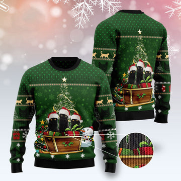 FUNSTUFFPRINT Black Cat Group Xmas Ugly Christmas Sweater, Christmas Cat Ugly Sweater, Ugly Cat Xmas Sweater Ugly Sweater