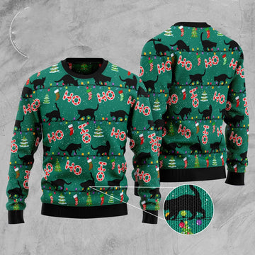FUNSTUFFPRINT Black Cat Ho Ho Ho Ugly Christmas Sweater, Christmas Cat Ugly Sweater, Ugly Cat Xmas Sweater Ugly Sweater