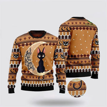 FUNSTUFFPRINT Black Cat I Love You To The Moon And Back Ugly Christmas Sweater – Cat Lover Christmas Sweater Ugly Sweater