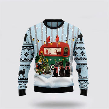 FUNSTUFFPRINT Black Cat Love Camping Ugly Christmas Sweater – Cat Lover Christmas Sweater Ugly Sweater