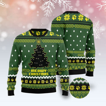 FUNSTUFFPRINT Black Cat Meowy Christmas Tree Ugly Christmas Sweater, Christmas Cat Ugly Sweater, Ugly Cat Xmas Sweater Ugly Sweater