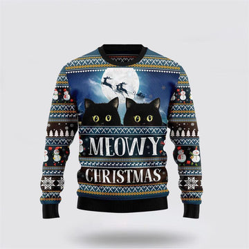 FUNSTUFFPRINT Black Cat Meowy Christmas Ugly Christmas Sweater – Cat Lover Christmas Sweater Ugly Sweater