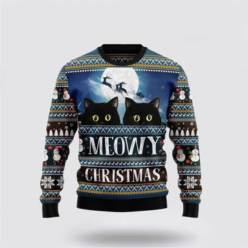 FUNSTUFFPRINT Black Cat Meowy Christmas Ugly Christmas Sweater For Men And Women, Best Gift For Christmas, Christmas Fashion Winter Ugly Sweater