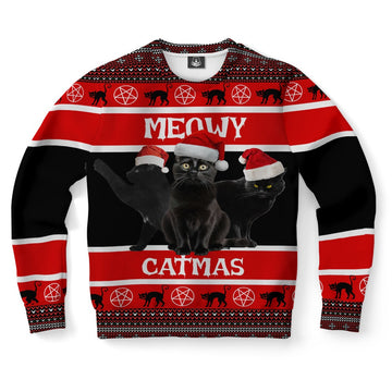 FUNSTUFFPRINT Black Cat Meowy Ugly Christmas Sweater, Christmas Sweater, Ugly Sweater, Funny Xmas Sweaters Ugly Sweater