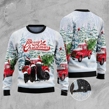 FUNSTUFFPRINT Black Cat Merry Christmas Ugly Christmas Sweater, Christmas Cat Ugly Sweater, Ugly Cat Xmas Sweater Ugly Sweater