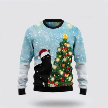 FUNSTUFFPRINT Black Cat Noel Tree Ugly Christmas Sweater – Cat Lover Christmas Sweater Ugly Sweater