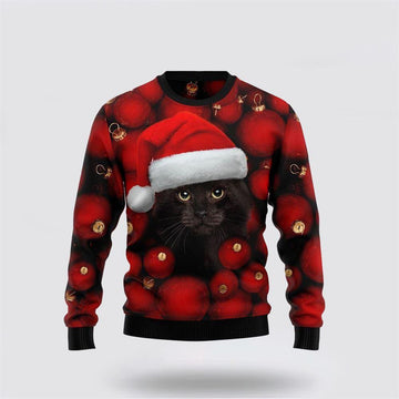 FUNSTUFFPRINT Black Cat Ornament Ugly Christmas Sweater – Cat Lover Christmas Sweater Ugly Sweater