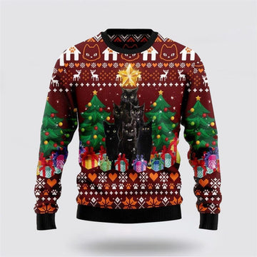 FUNSTUFFPRINT Black Cat Pine Tree Ugly Christmas Sweater For Men And Women, Best Gift For Christmas, Christmas Fashion Winter Ugly Sweater