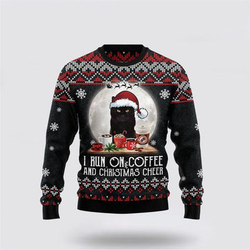 FUNSTUFFPRINT Black Cat Run On Coffee Ugly Christmas Sweater For Men And Women, Best Gift For Christmas, Christmas Fashion Winter Ugly Sweater