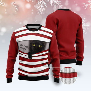 FUNSTUFFPRINT Black Cat Six Feet Ugly Christmas Sweater, Christmas Cat Ugly Sweater, Ugly Cat Xmas Sweater Ugly Sweater