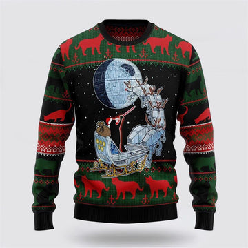 FUNSTUFFPRINT Black Cat Sleigh To Death Star Ugly Christmas Sweater – Cat Lover Christmas Sweater Ugly Sweater