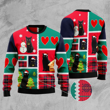 FUNSTUFFPRINT Black Cat Snow Ugly Christmas Sweater, Christmas Cat Ugly Sweater, Ugly Cat Xmas Sweater Ugly Sweater