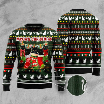 FUNSTUFFPRINT Black Cat Socks Ugly Christmas Sweater, Christmas Cat Ugly Sweater, Ugly Cat Xmas Sweater Ugly Sweater