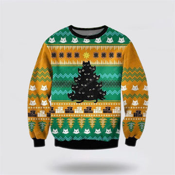 FUNSTUFFPRINT Black Cat Tree Meowy Ugly Christmas Orange Sweater – Cat Lover Christmas Sweater Ugly Sweater