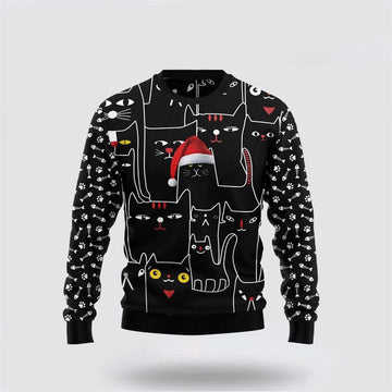 FUNSTUFFPRINT Black Cat With Noel Hat Ugly Christmas Sweater – Cat Lover Christmas Sweater Ugly Sweater