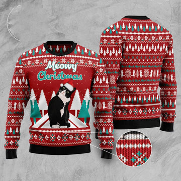 FUNSTUFFPRINT Black Meowy Christmas Ugly Christmas Sweater, Christmas Sweater, Ugly Sweater, Funny Xmas Sweaters Ugly Sweater