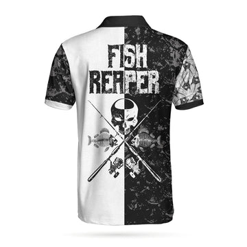 Men Polo Shirt - Black & White Fish Reaper With Grim Reaper Polo Shirt, Skull Polo Shirt, Best Fishing Shirt For Men