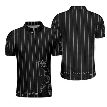 Black & White Single Line Continuous Golfer Shirt Polo Shirt, Vertical Lines Golfing Polo Shirt, Best Golf Shirt For Men