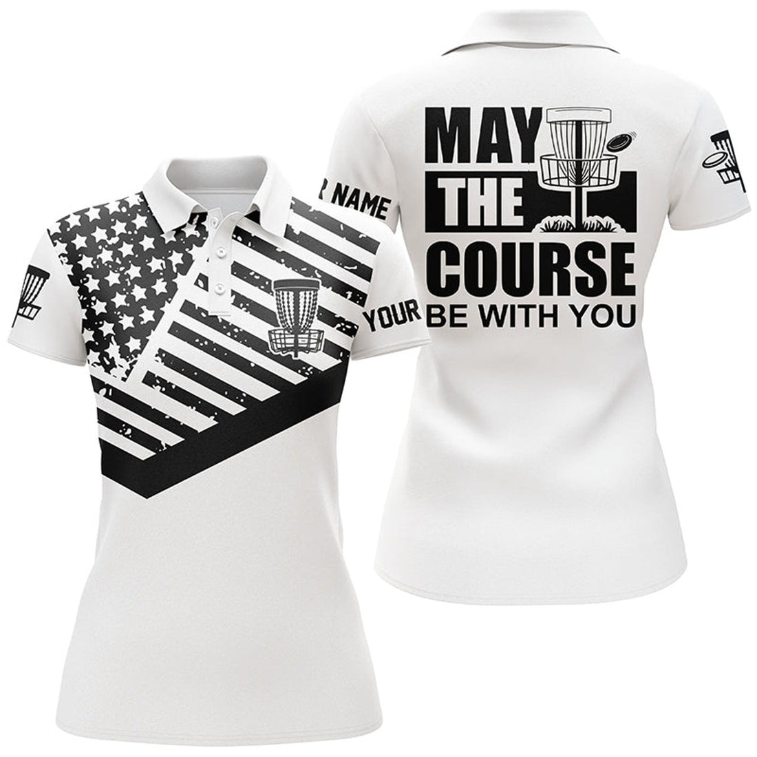 Custom Black White American Flag Polo Shirts Custom May The Course Be With You Disc Golf Shirts For Women