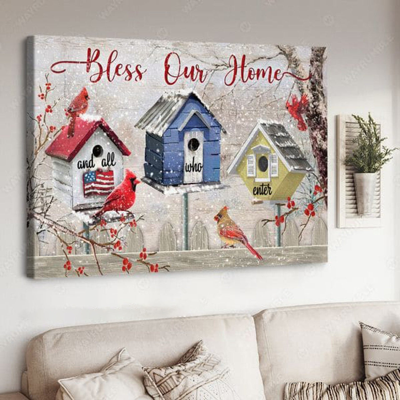 Bless Our Home, Cardinal Bird, Winter Poster Poster and Canvas