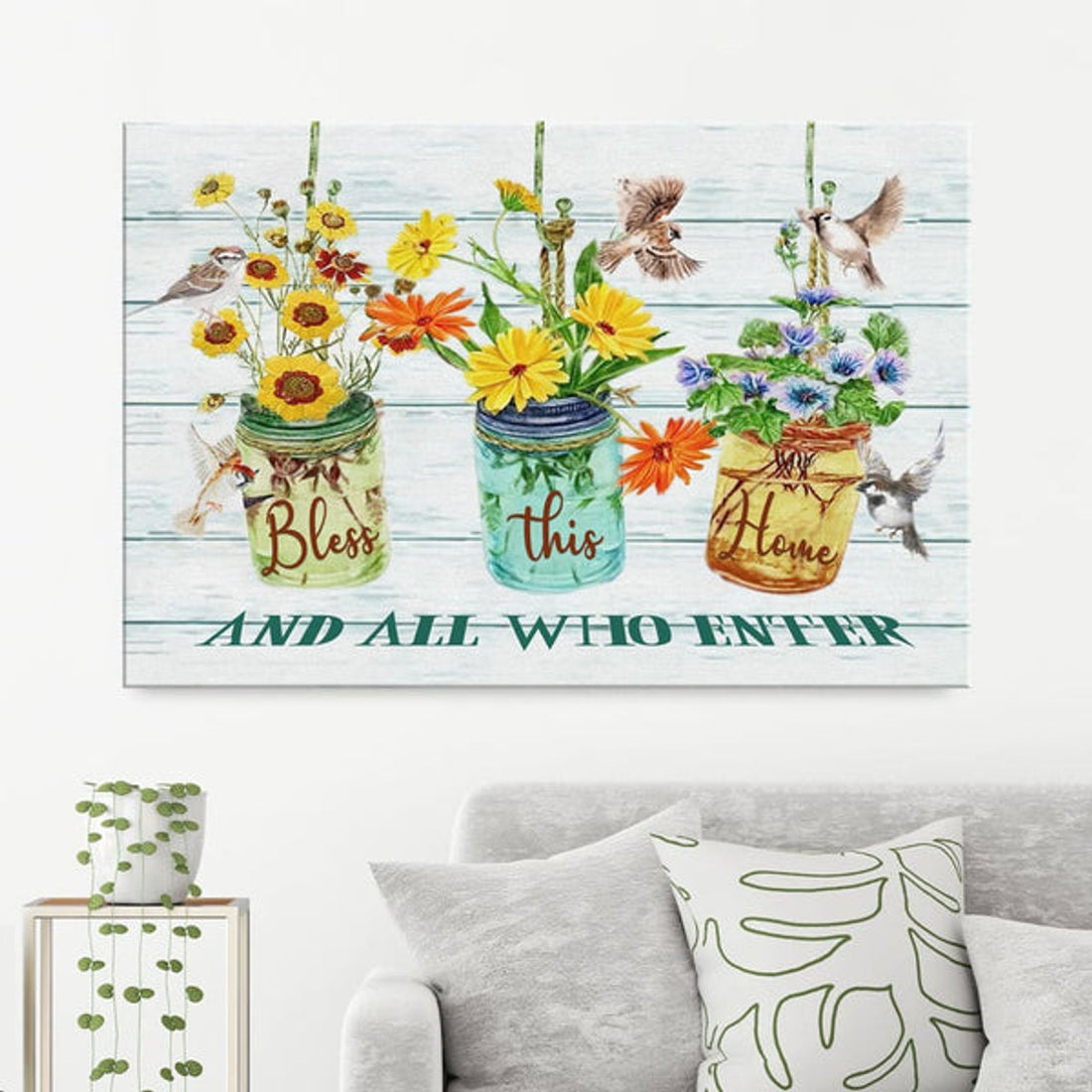 Bless This Home And All Who Enter Floral Sparrow Canvas Wall Art - Christian Canvas - Faith Canvas