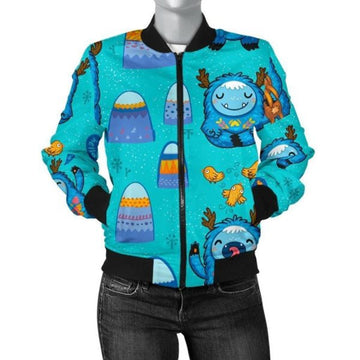 FUNSTUFFPRINT Blue Bigfoot Pattern Print Women Casual 3D Bomber Jacket