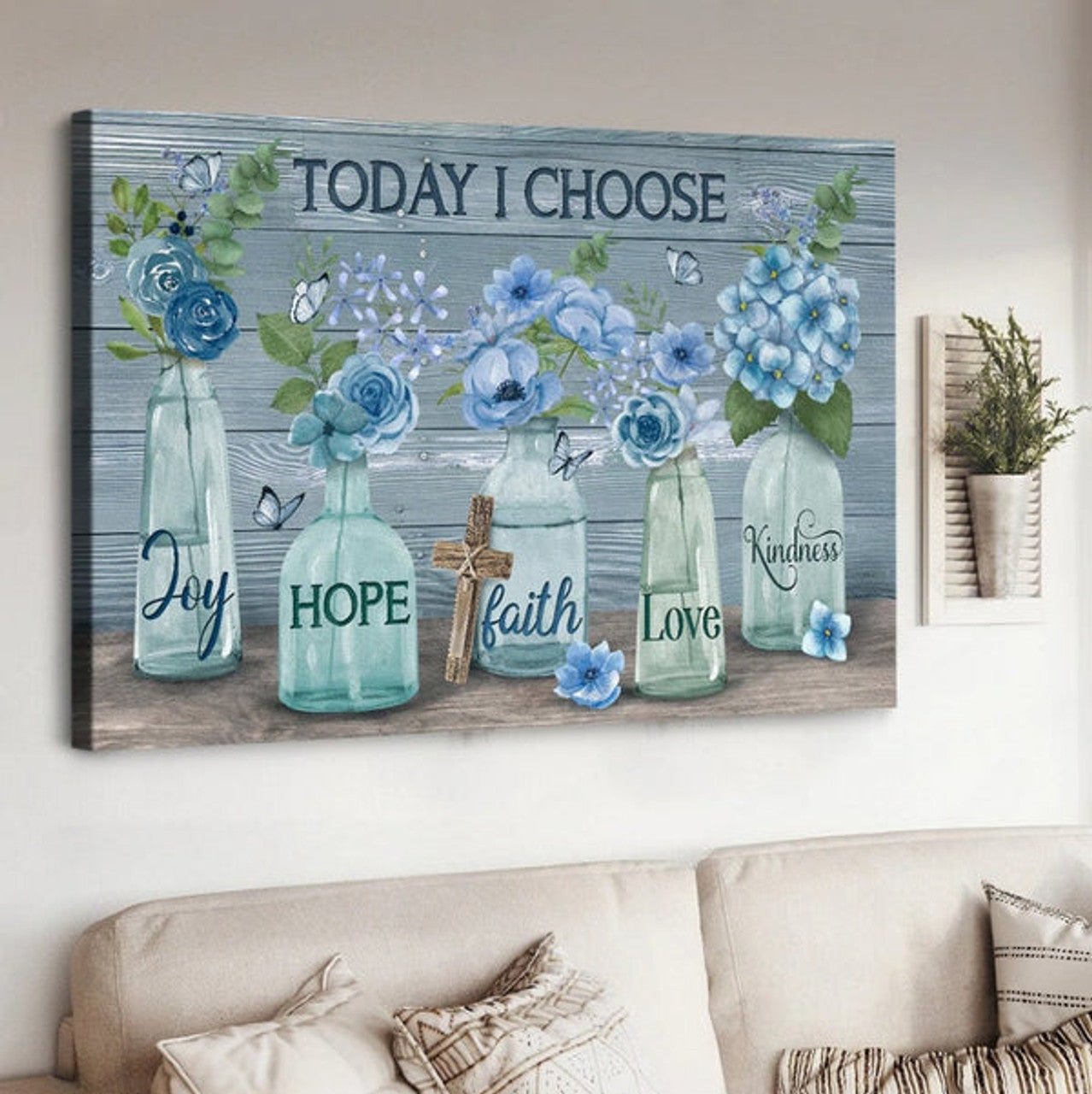 Blue Flower Crystal Vase Cross Today I Choose Joy Canvas Wall Art - Christian Poster - Religious Wall Decor