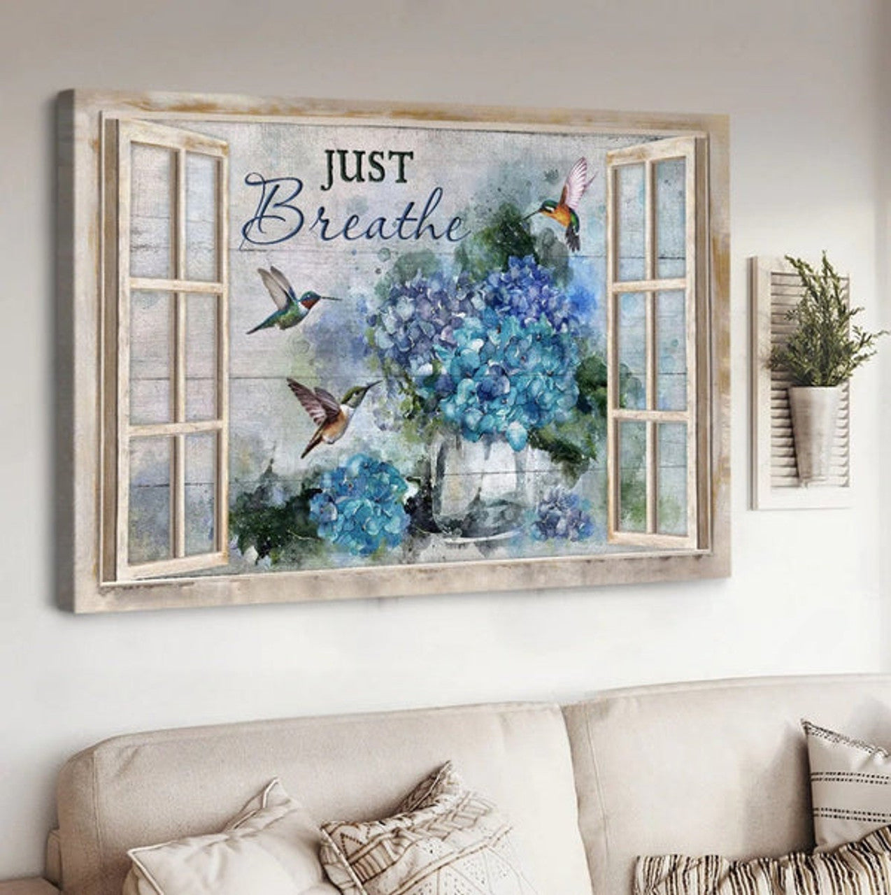 Blue Hydrangea Hummingbird Just Breathe Canvas Wall Art - Christian Poster - Religious Wall Decor