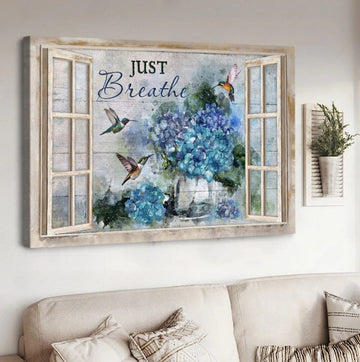 Blue Hydrangea Hummingbird Just Breathe Canvas Wall Art - Christian Poster - Religious Wall Decor