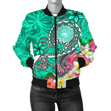 FUNSTUFFPRINT Bomber Jacket American Samoa Polynesian - Turtle Plumeria (Turquoise) - 3D Bomber Jacket