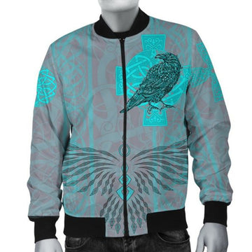 FUNSTUFFPRINT Bomber Jacket Odin's Celtic Raven - Scandinavian Tattoo Style Cyan 3D Bomber Jacket