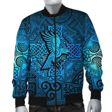FUNSTUFFPRINT Bomber Jacket - Raven Odin Celtic Cyan 3D Bomber Jacket