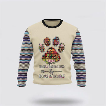 FUNSTUFFPRINT Book And Dogs Ugly Christmas Sweater – Dog Lover Christmas Sweater Ugly Sweater
