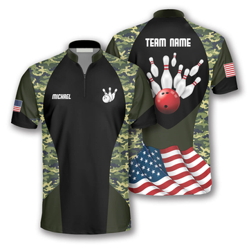 Custom Strike Camouflage Waving Flag Custom Bowling Jerseys for Men, Personalized Name Bowling Shirt