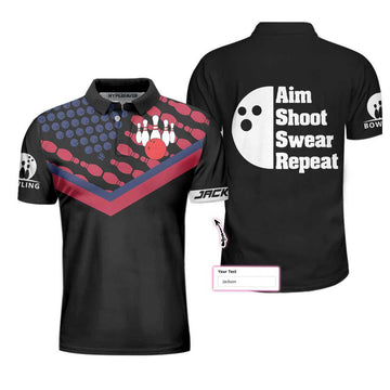 Custom Men Polo Shirt - Bowling Aim Shoot Swear Repeat Custom Polo Shirt, Customized Bowling Shirt For Bowlers, Tenpin Bowling Shirt - Best Polo Shirt For Men
