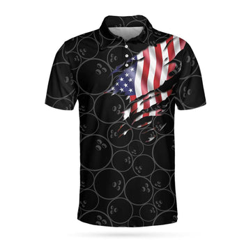 Men Polo Shirt - Bowling American Flag Short Sleeve Polo Shirt, Bowling Ball Pattern USA Flag Polo Shirt, Bowling Shirt For Men