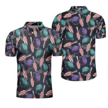 Bowling Is My Life Polo Shirt, American Flag Pattern Bowling Shirt For Men