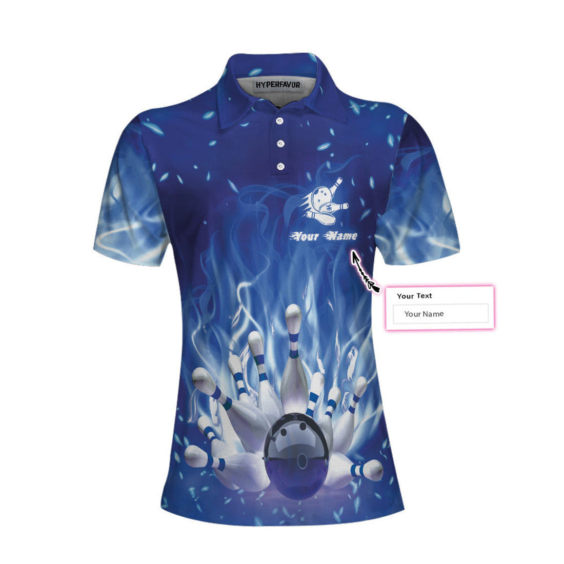 Custom Bowling On Blue Fire Custom Short Sleeve Women Polo Shirt, Personalized Blue Flame Polo Shirt For Female Bowlers