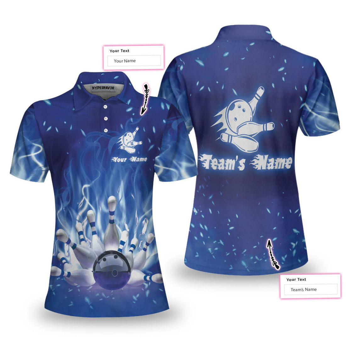 Custom Bowling On Blue Fire Custom Short Sleeve Women Polo Shirt, Personalized Blue Flame Polo Shirt For Female Bowlers