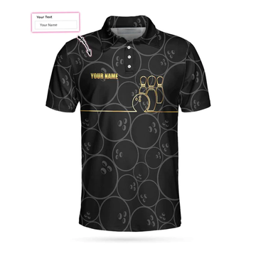 Custom Bowling Pattern And Golden Polo Custom Polo Shirt, Black Personalized Bowling Shirt With Name, Bowling Gift Idea