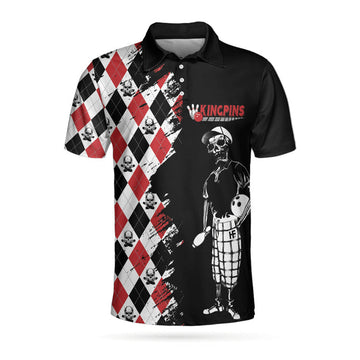 Bowling Red Black White Skull Pattern Short Sleeve Polo Shirt, Argyle Pattern Polo Shirt, Best Bowling Shirt For Men