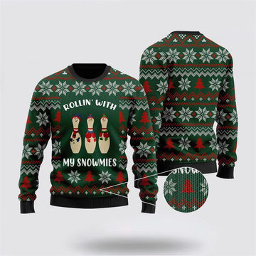 FUNSTUFFPRINT Bowling Rollin With My Snowmies Noel Pattern Ugly Christmas Sweater – Christmas Gift For Bowling Enthusiasts Ugly Sweater