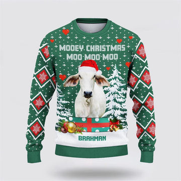 FUNSTUFFPRINT Brahman Green Merry Christmas Ugly Sweater, Gifts For Farmers Ugly Sweater