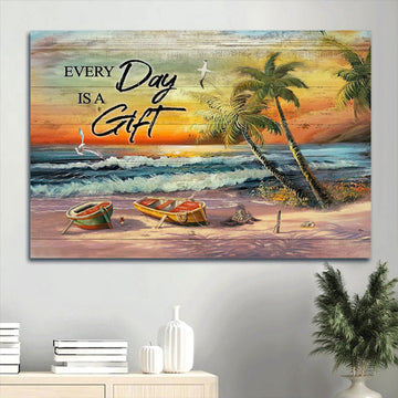 Brilliant Beach Painting Amazing Sunset Seagull Canvas Everyday Is A Gift Canvas Wall Art - Christian Wall Decor
