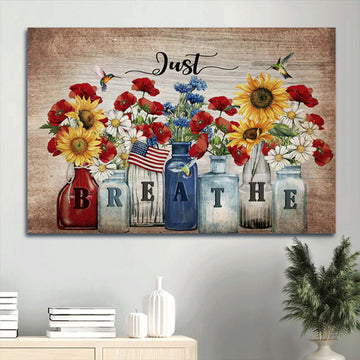 Brilliant Flower Garden Us Flag Hummingbird Canvas Just Breathe Canvas Wall Art - Christian Wall Decor